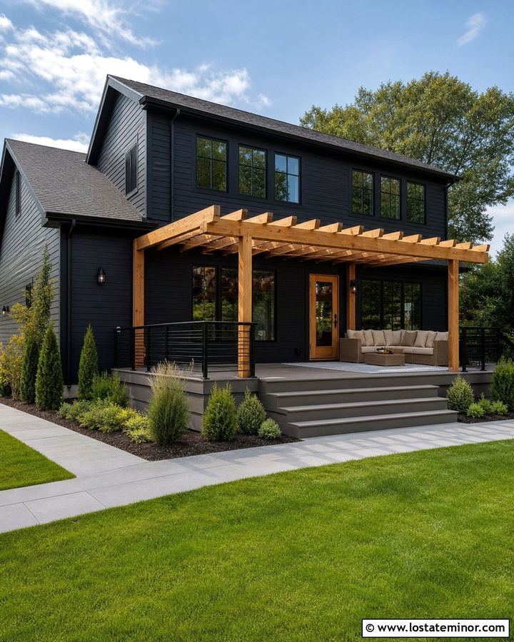 Black House With Composite Deck Pergola - 30 Black House Design With Pergola Ideas