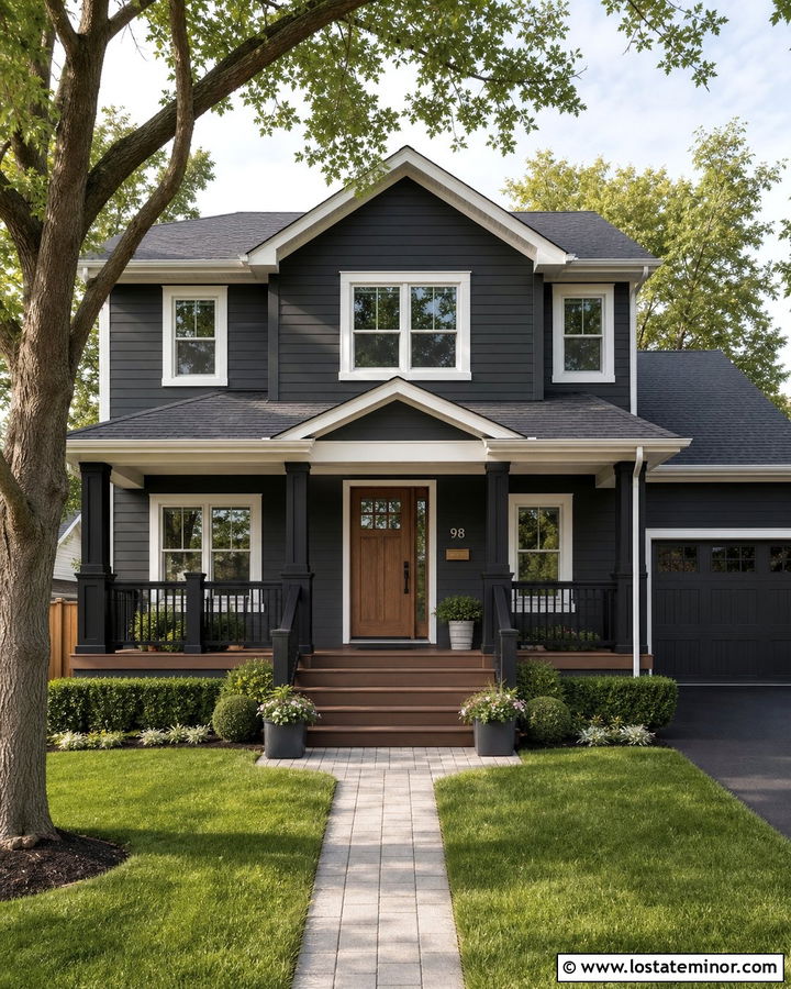 Black House With Composite Deck Railings - 30 Black House Design With Railings Ideas