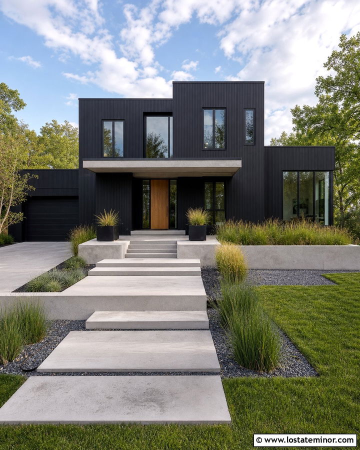 Black House With Concrete Accents - 30 Black House Design With Accents Ideas