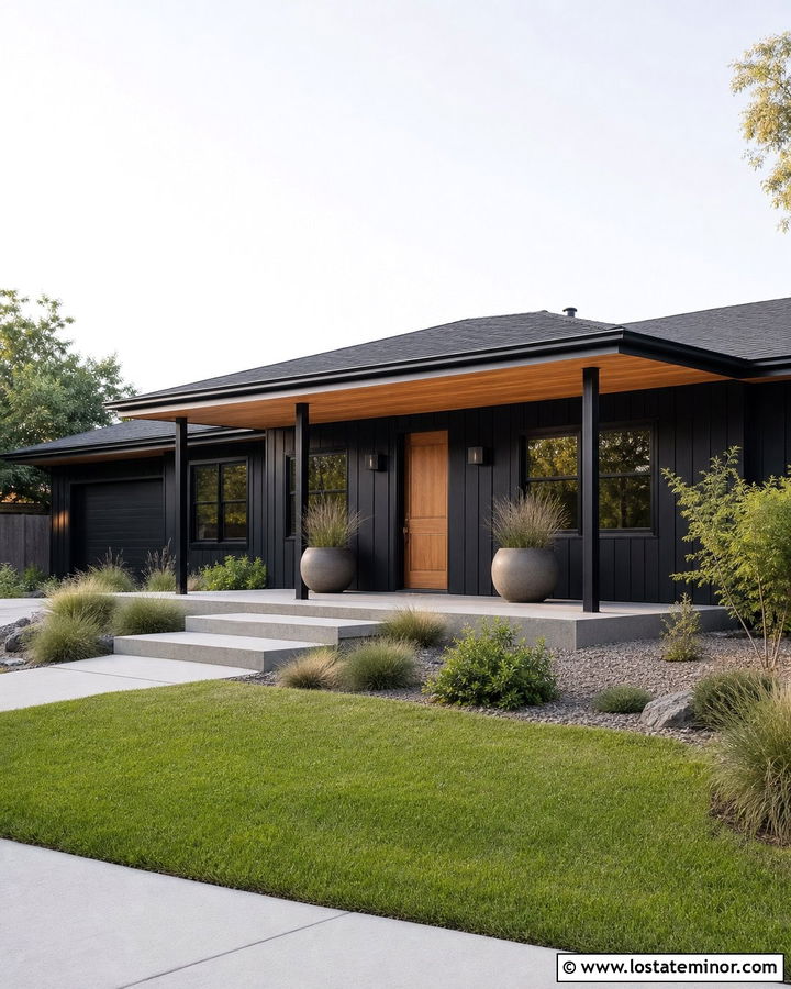 Black House With Concrete Front Porch - 30 Black House Design With Front Porch Ideas