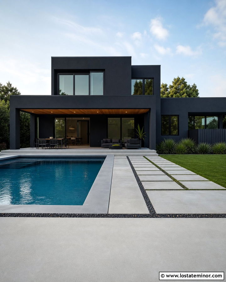 Black House With Concrete Pool Deck - 30 Black House Design With Swimming Pool Ideas