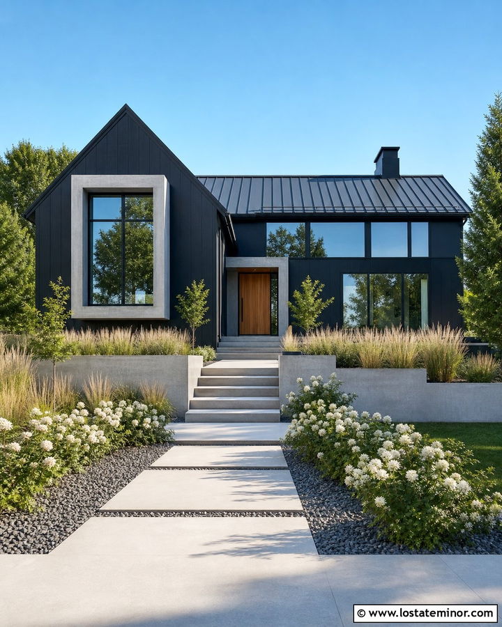Black House With Concrete Window Boxes - 30 Black House Design With Window Boxes Ideas