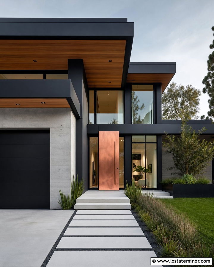 Black House With Copper Entry Door - 30 Black House Design With Entry Door Ideas