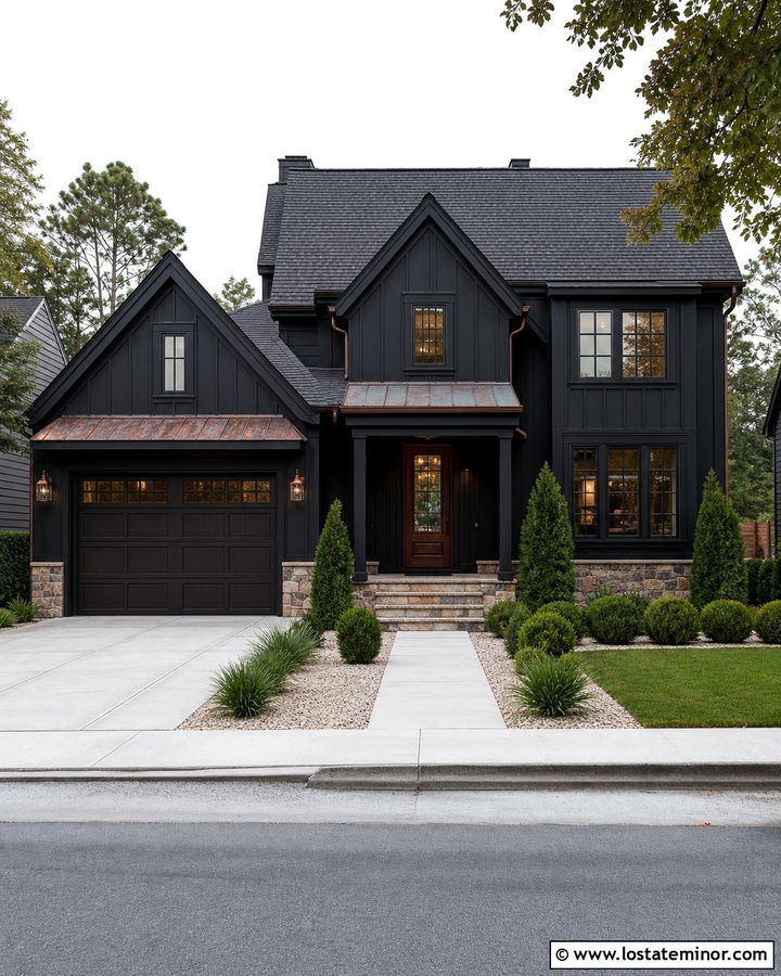 Black House With Copper Garage Accents - 30 Black House Design With Garage Door Ideas