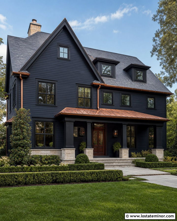 Black House With Copper Roof Accents - 30 Black House Design With Siding Ideas