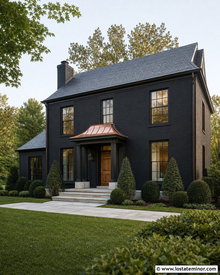 Black House With Copper Roof Portico - 30 Black House Design With Portico Ideas