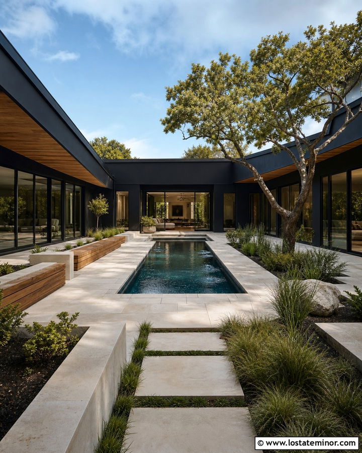 Black House With Courtyard Pool - 30 Black House Design With Swimming Pool Ideas