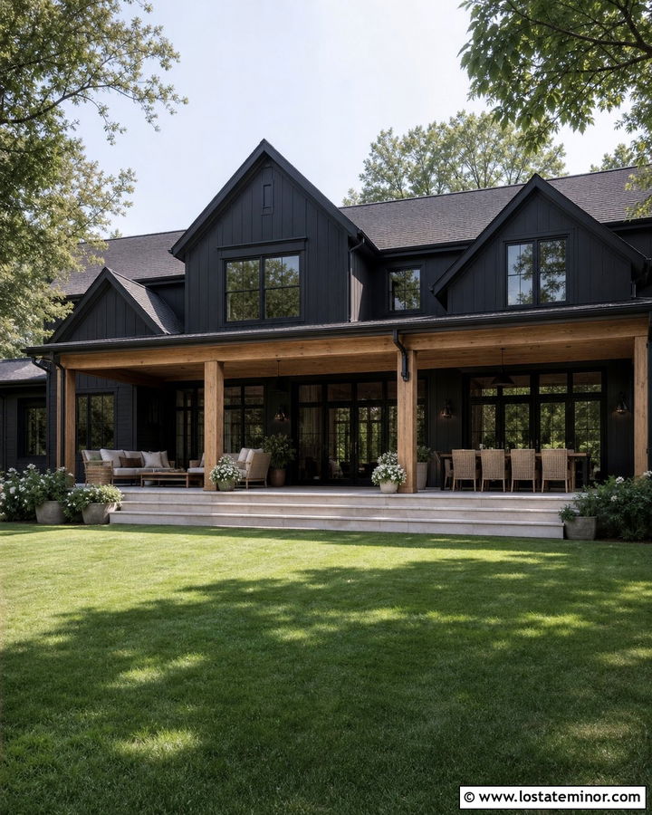 Black House With Covered Backyard Porch - 30 Black House Design With Backyard Ideas