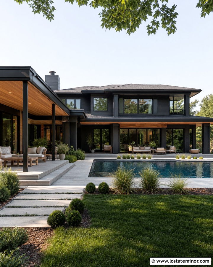 Black House With Covered Pool Patio - 30 Black House Design With Swimming Pool Ideas