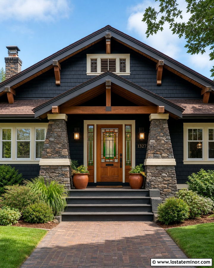 Black House With Craftsman Stained Glass Door - 30 Black House Design With Entry Door Ideas