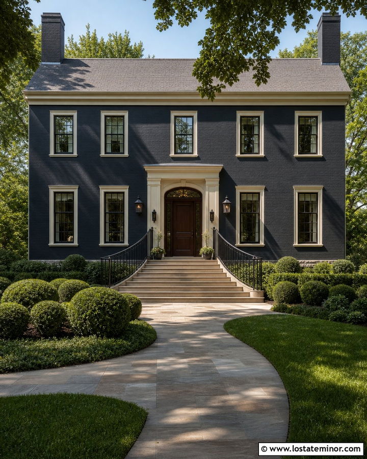 Black House With Curved Iron Railings - 30 Black House Design With Railings Ideas