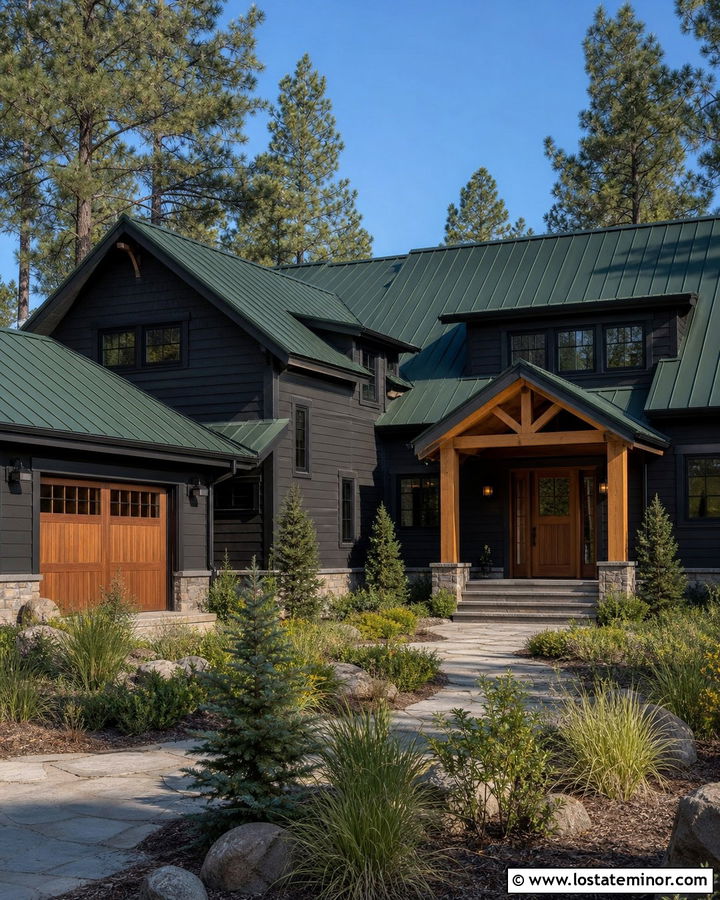 Black House With Dark Green Metal Roof - 30 Black House Design With Siding Ideas