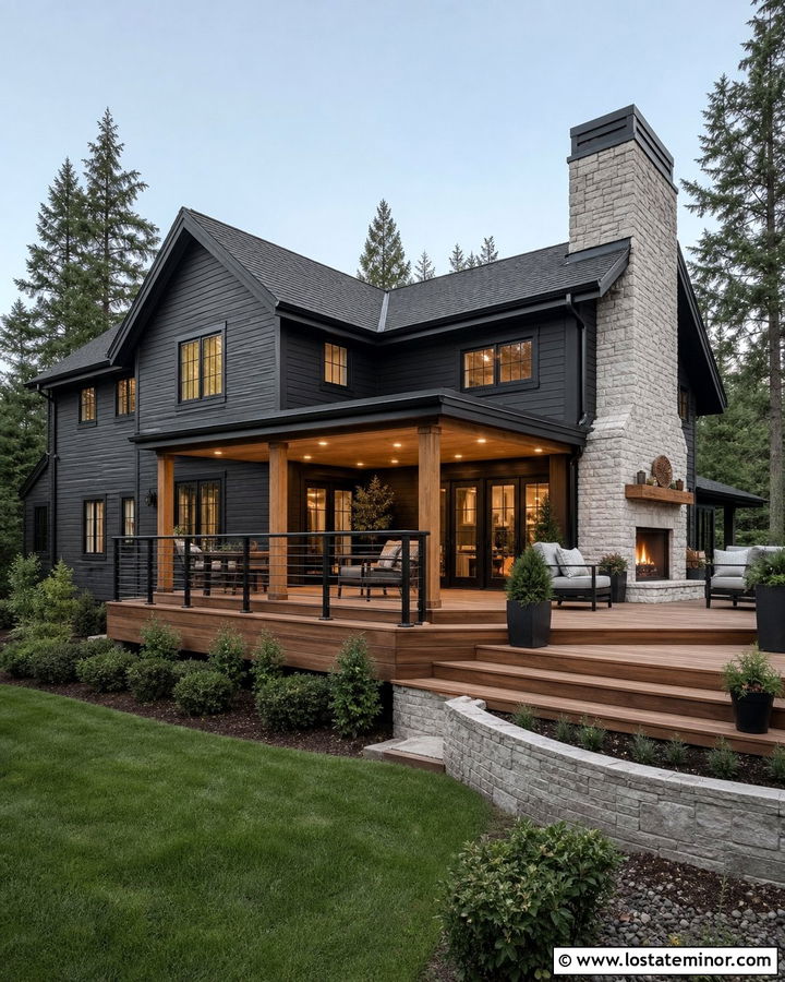 Black House With Deck And Fireplace - 30 Black House Design With Deck Ideas