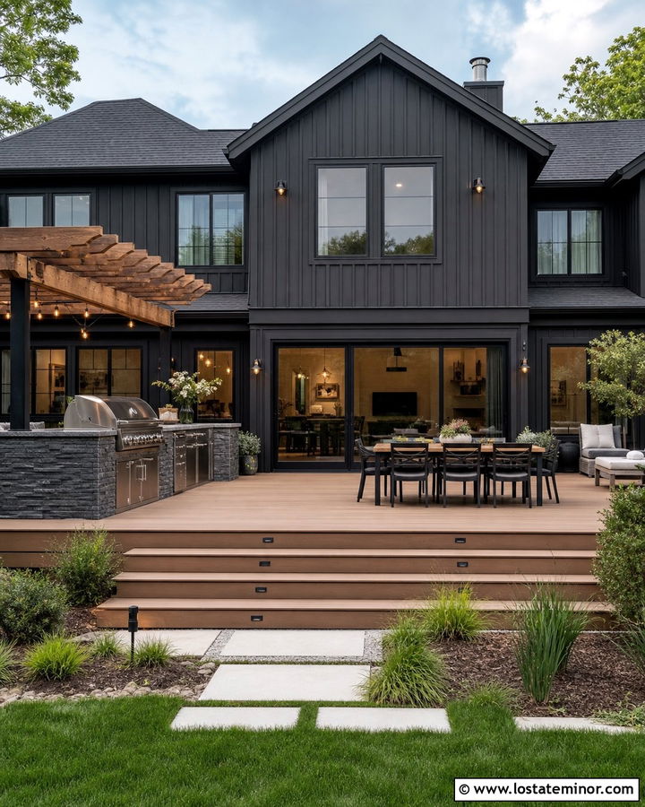 Black House With Deck And Outdoor Kitchen - 30 Black House Design With Deck Ideas