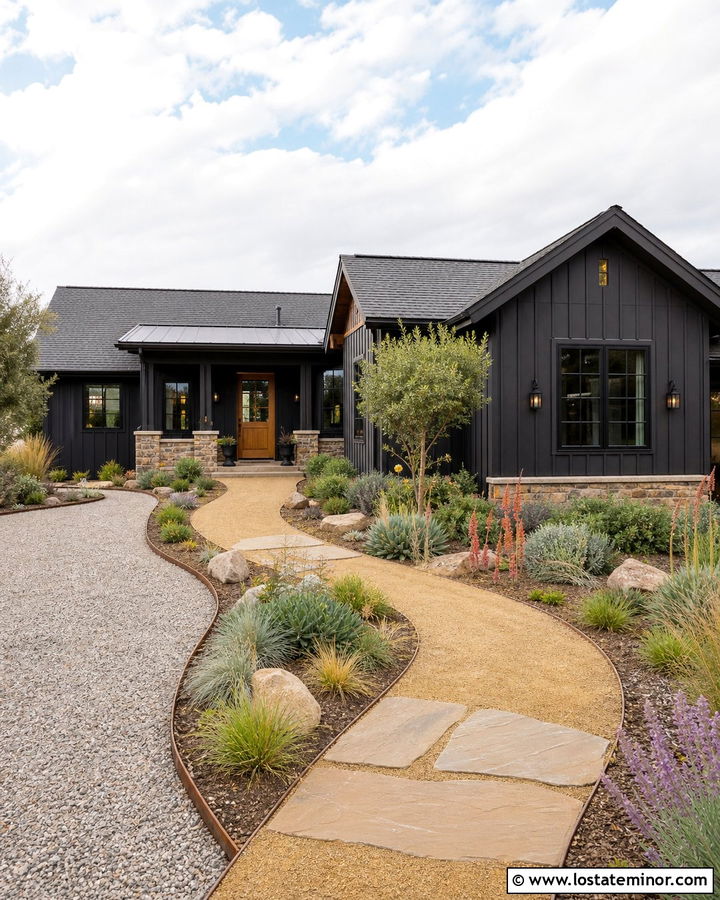 Black House With Decomposed Granite Walkway - 30 Black House Design With Walkway Ideas