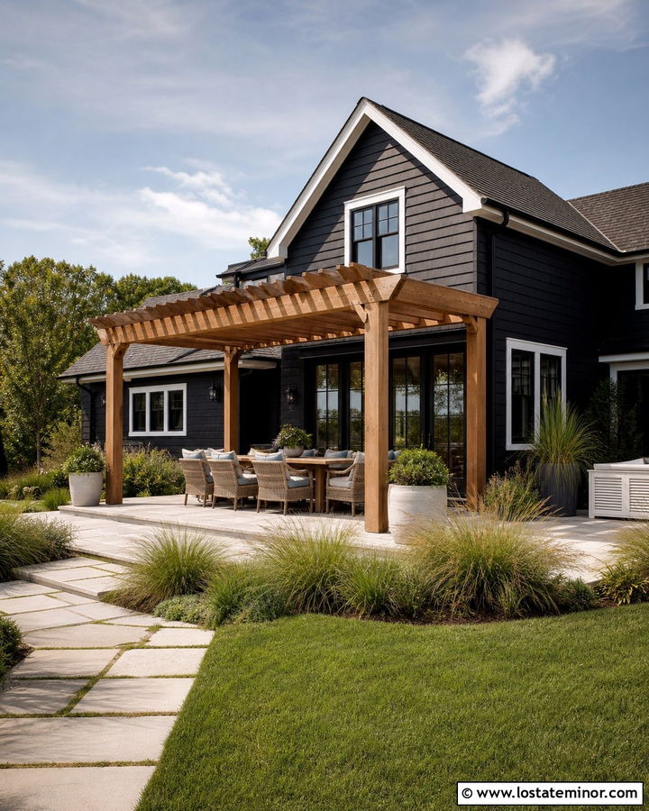 Black House With Dining Pergola - 30 Black House Design With Pergola Ideas
