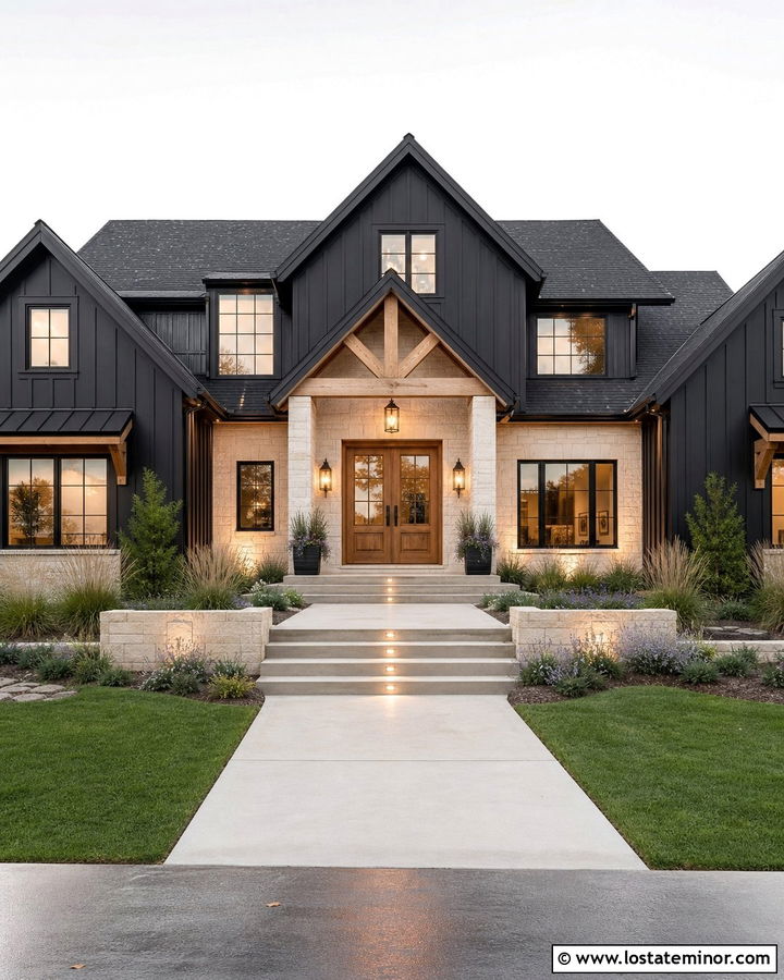 Black House With Double Door Lighting - 30 Black House Design With Lighting Ideas
