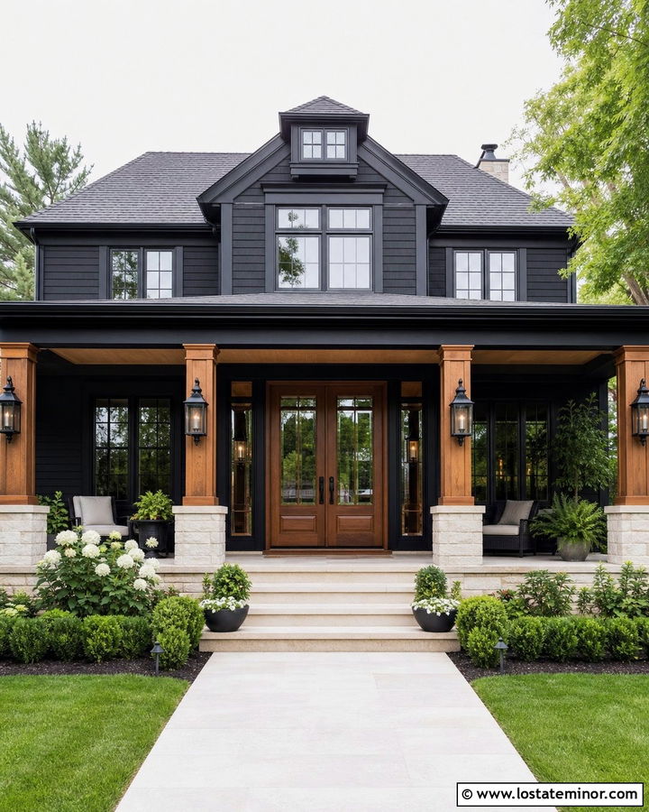Black House With Double Front Door And Porch - 30 Black House Design With Front Porch Ideas