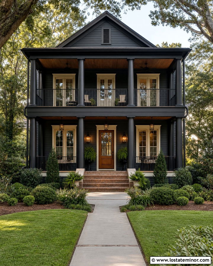 Black House With Double Porch Railings - 30 Black House Design With Railings Ideas