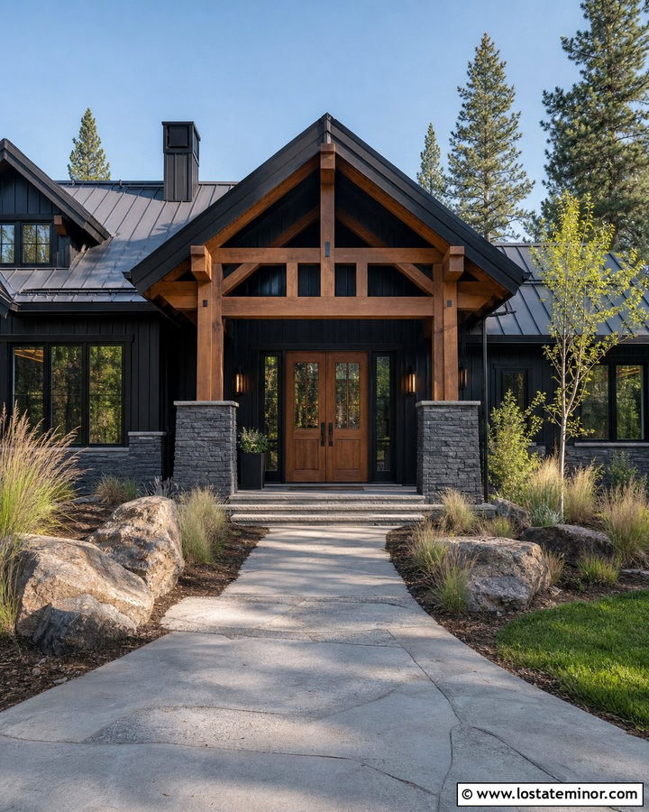 Black House With Double Wood Entry Doors - 30 Black House Design With Entry Door Ideas