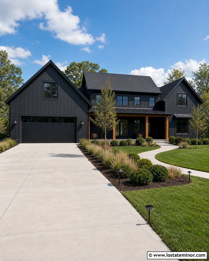 Black House With Driveway Landscape Lighting - 30 Black House Design With Driveway Ideas