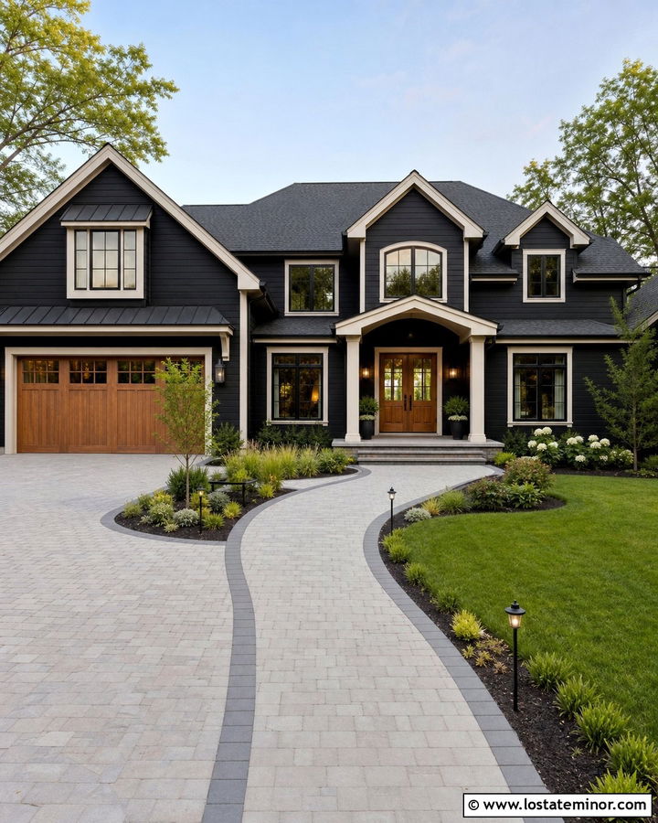Black House With Driveway Walkway Connection - 30 Black House Design With Walkway Ideas