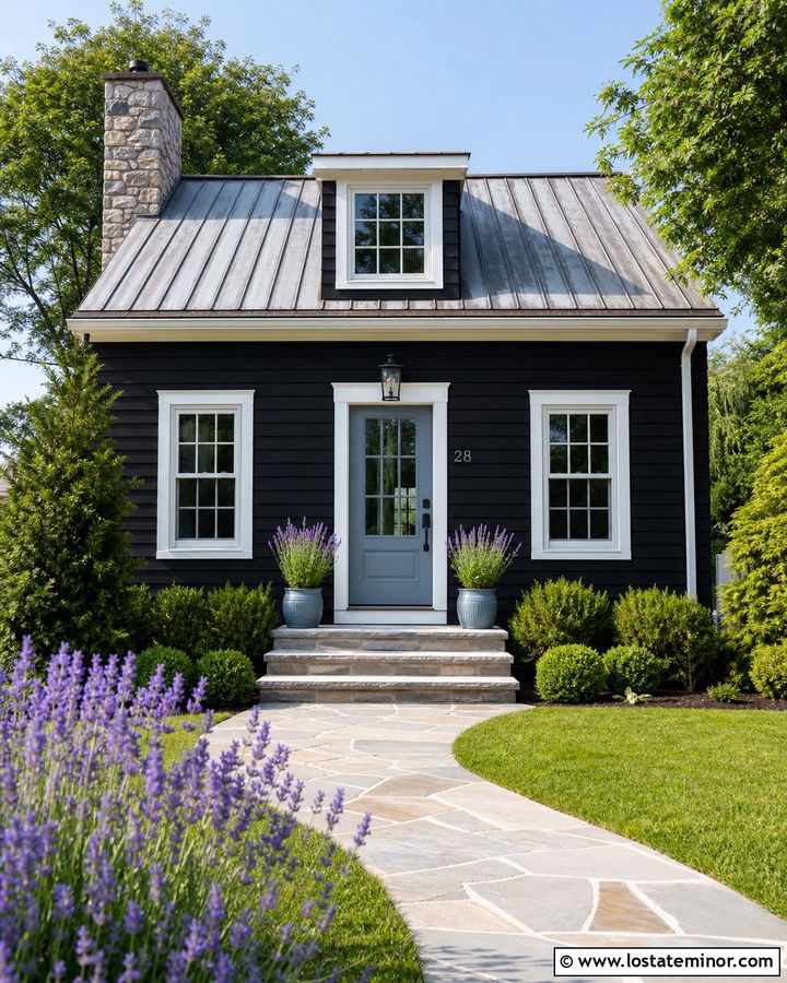 Black House With Dusty Blue Front Door - 30 Black House Design With Entry Door Ideas