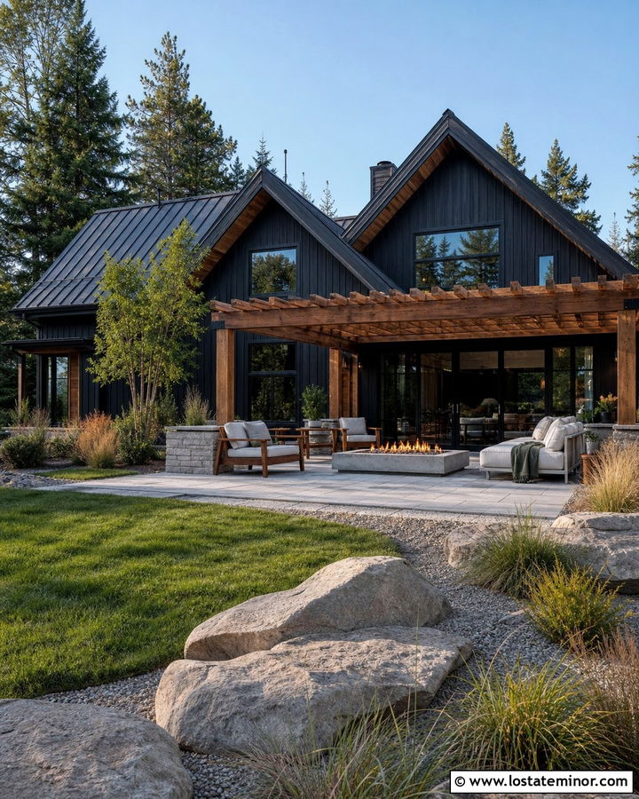 Black House With Fire Pit Pergola - 30 Black House Design With Pergola Ideas