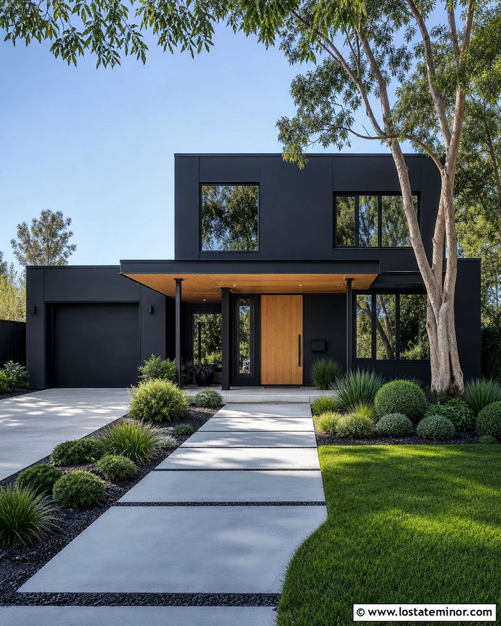 Black House With Flat Roof Front Porch - 30 Black House Design With Front Porch Ideas