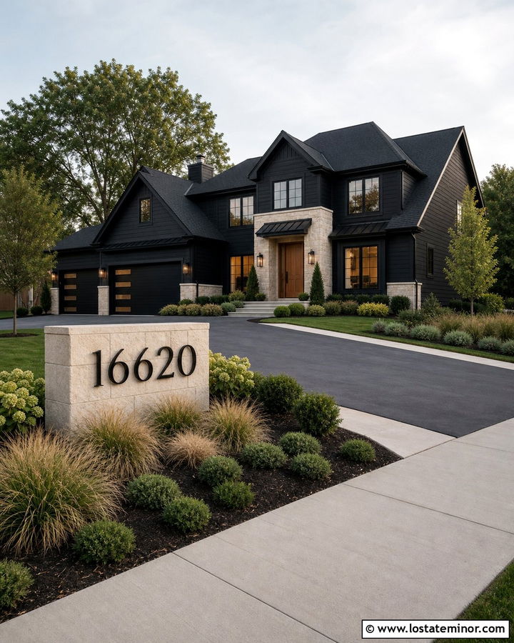 Black House With Freestanding Address Monument - 30 Black House Design With House Numbers Ideas