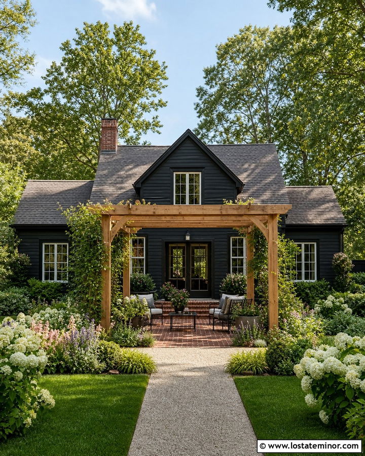 Black House With Freestanding Garden Pergola - 30 Black House Design With Pergola Ideas