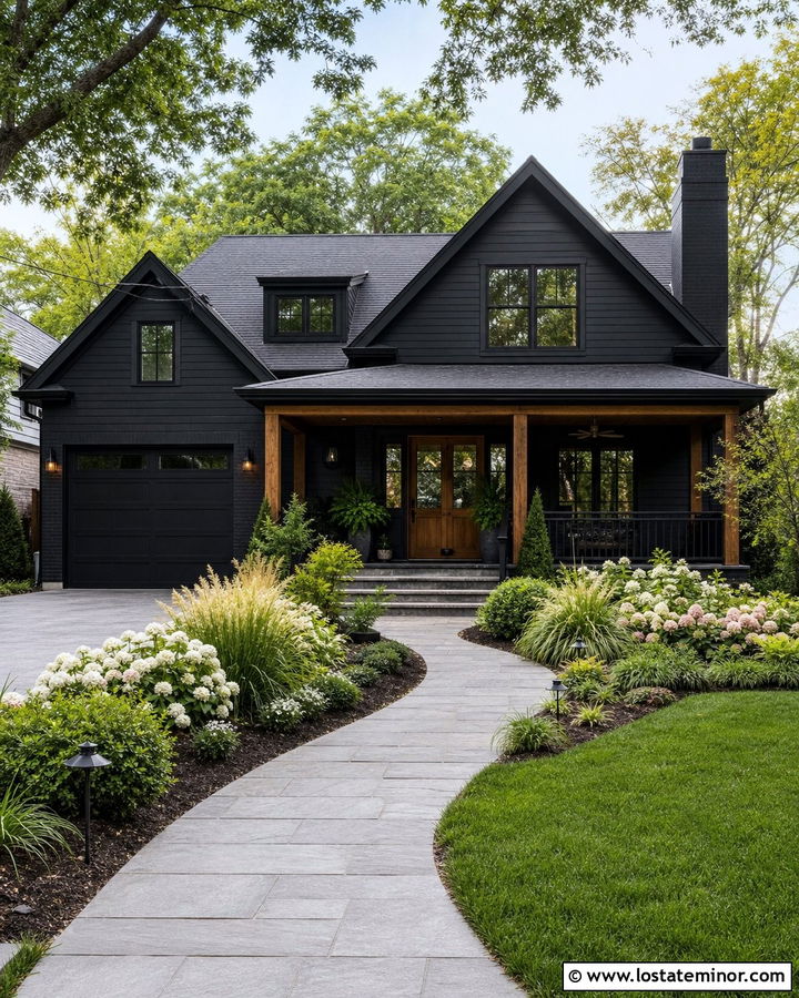 Black House With Front Porch Landscaping - 30 Black House Design With Front Porch Ideas