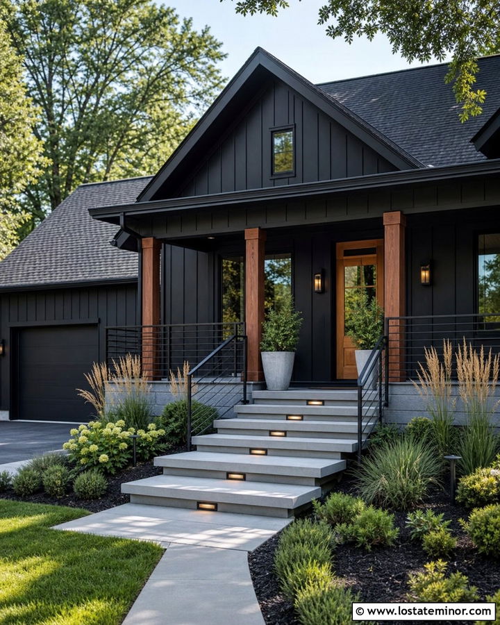 Black House With Front Porch Steps - 30 Black House Design With Front Porch Ideas