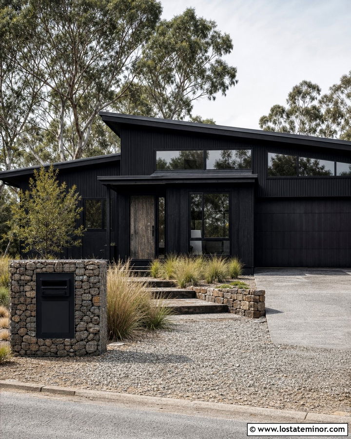 Black House With Gabion Mailbox - 30 Black House Design With Mailbox Ideas