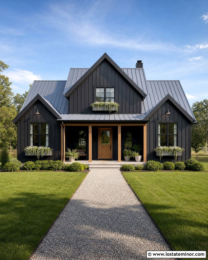 Black House With Galvanized Metal Window Boxes - 30 Black House Design With Window Boxes Ideas