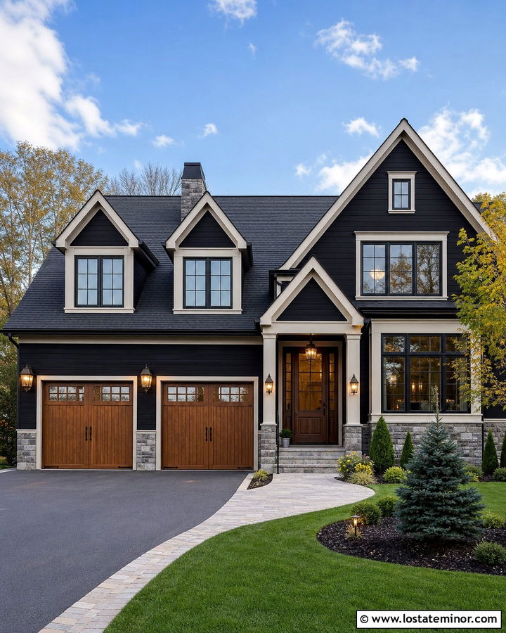 Black House With Garage Coach Lights - 30 Black House Design With Light Fixtures Ideas