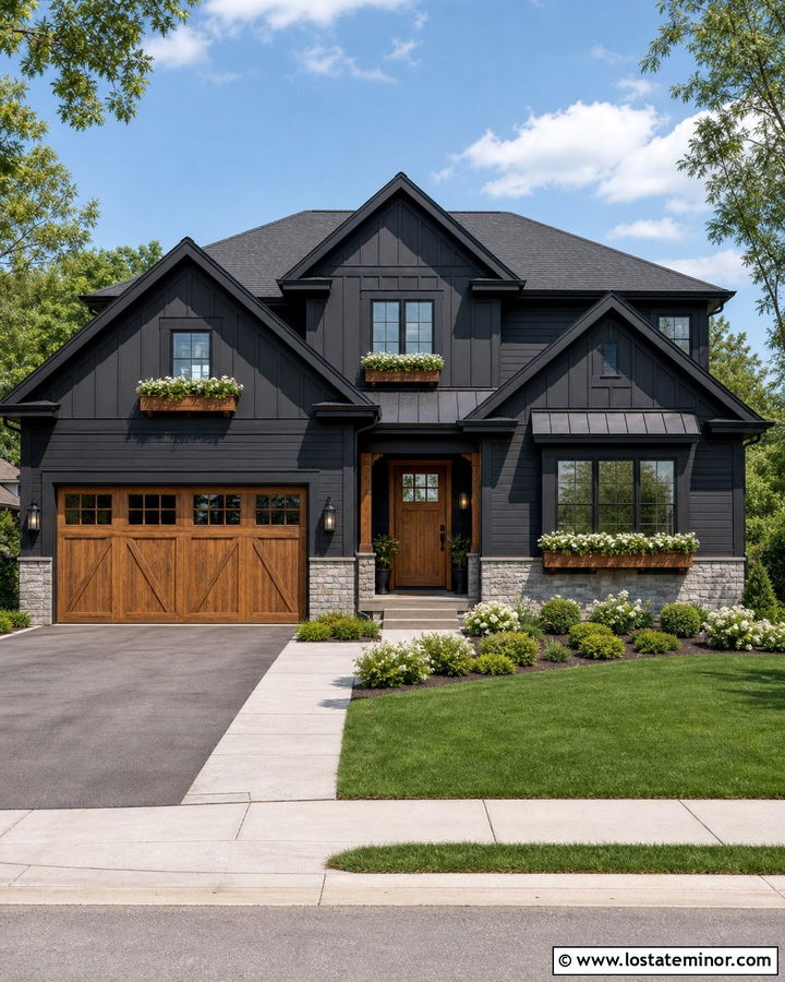 Black House With Garage Window Boxes - 30 Black House Design With Window Boxes Ideas