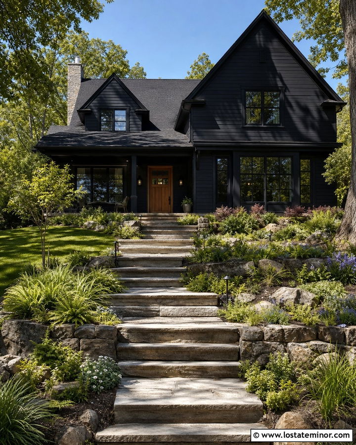 Black House With Garden Steps - 30 Black House Design With Steps Ideas