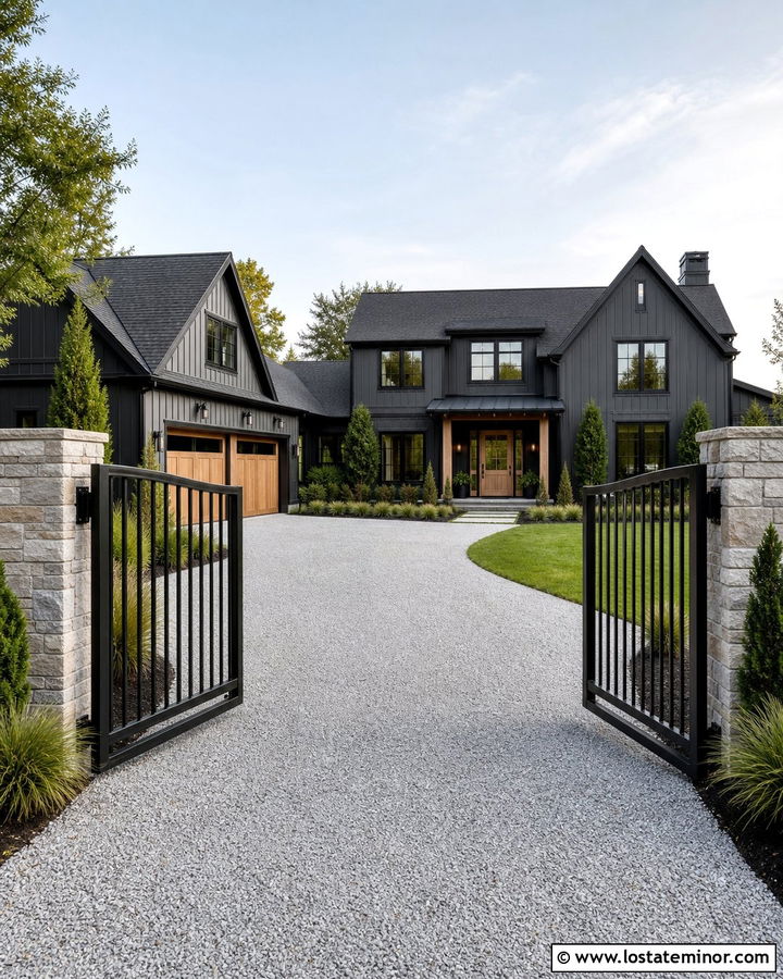 Black House With Gated Driveway - 30 Black House Design With Driveway Ideas