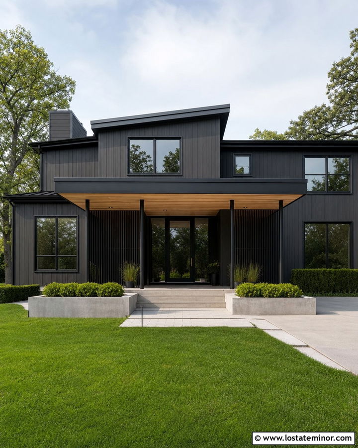 Black House With Glass Door Portico - 30 Black House Design With Portico Ideas