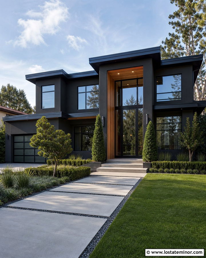 Black House With Glass Entry Accents - 30 Black House Design With Accents Ideas