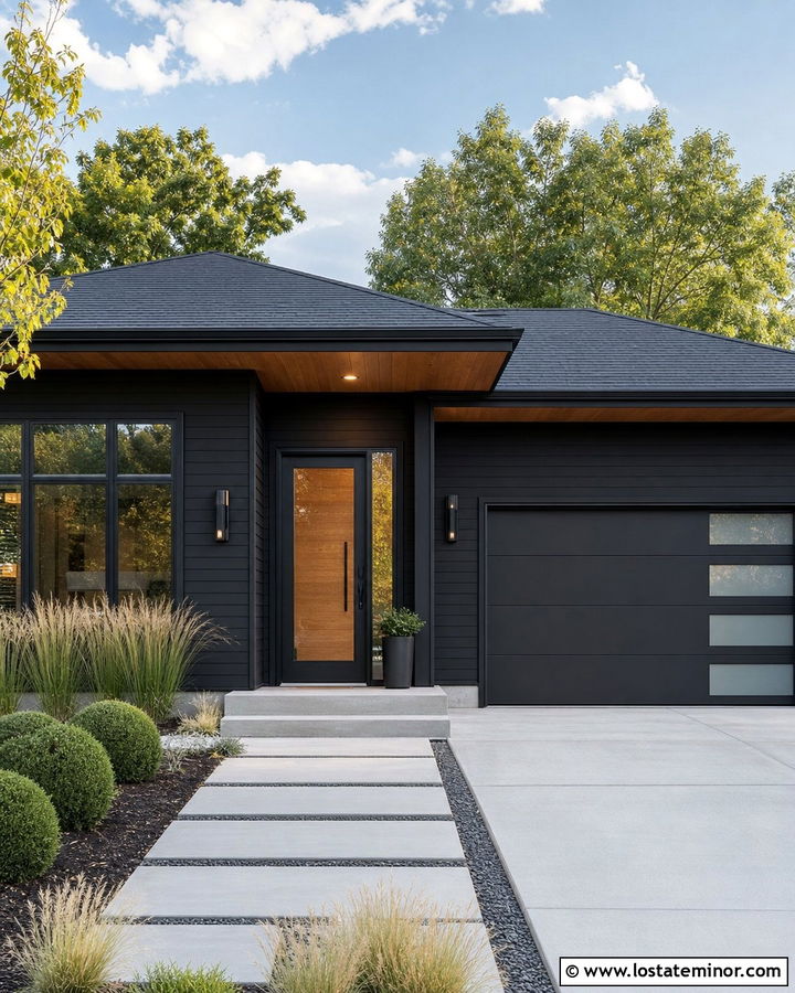 Black House With Glass Paneled Garage And Storm Door - 30 Black House Design With Storm Door Ideas