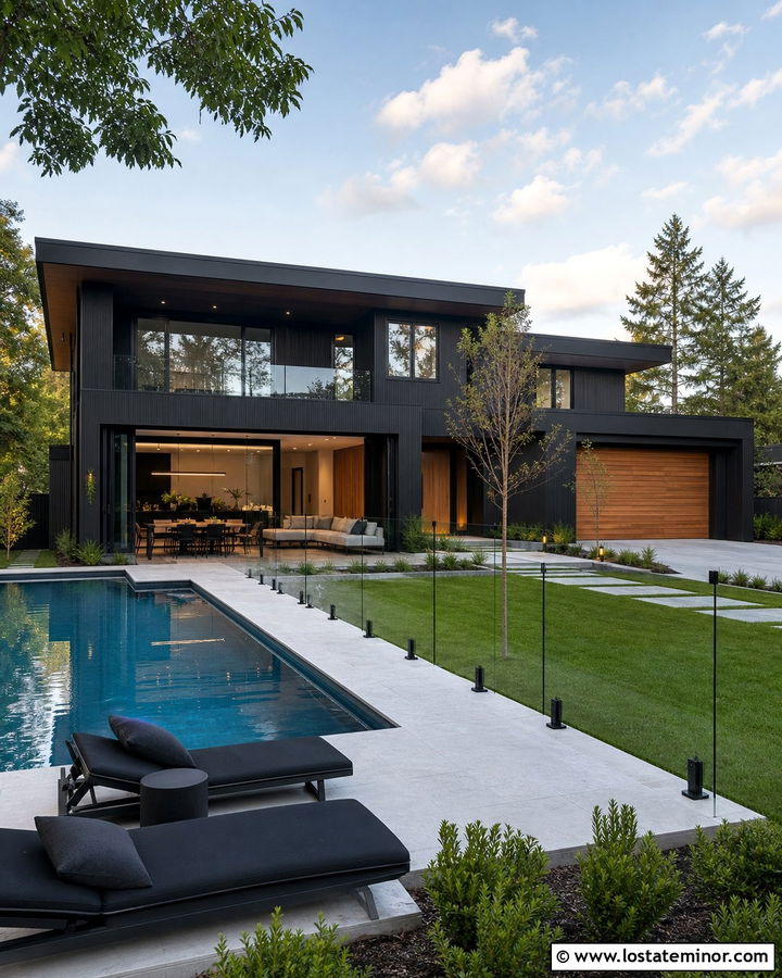 Black House With Glass Pool Fence - 30 Black House Design With Swimming Pool Ideas