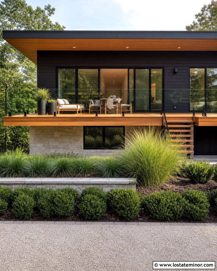 Black House With Glass Railing Deck - 30 Black House Design With Deck Ideas
