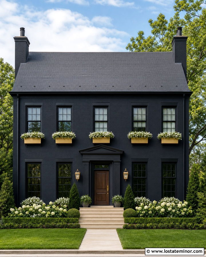 Black House With Gold Window Boxes - 30 Black House Design With Window Boxes Ideas