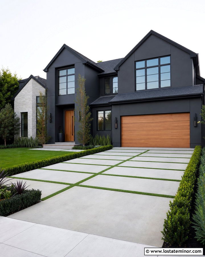 Black House With Grass Joint Walkway - 30 Black House Design With Walkway Ideas