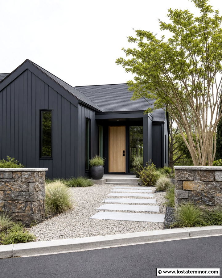 Black House With Gravel Courtyard - 30 Black House Design With Landscaping Ideas