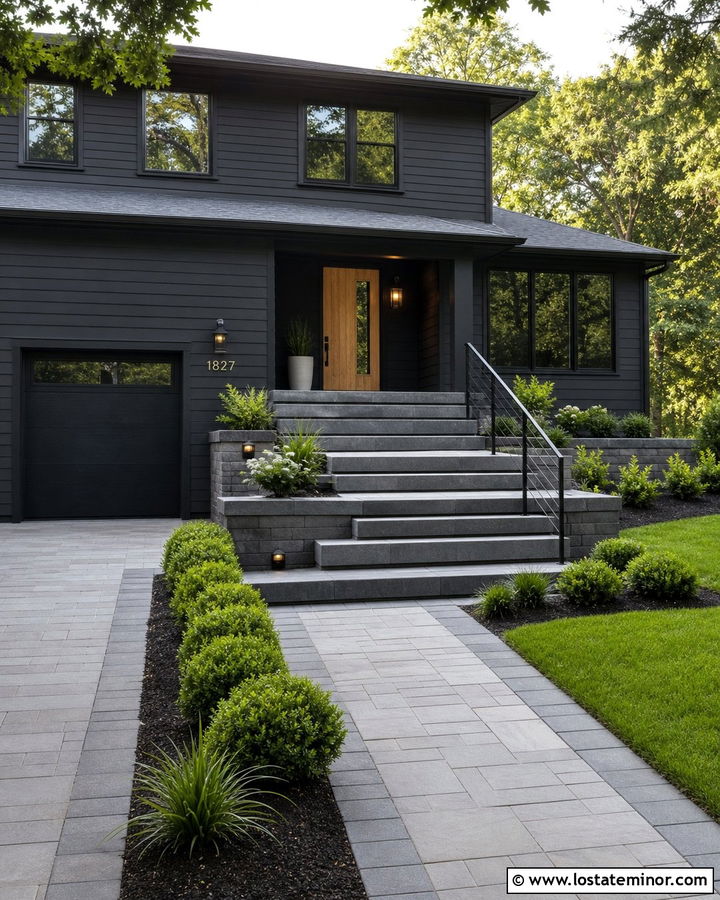Black House With Gray Paver Steps - 30 Black House Design With Steps Ideas
