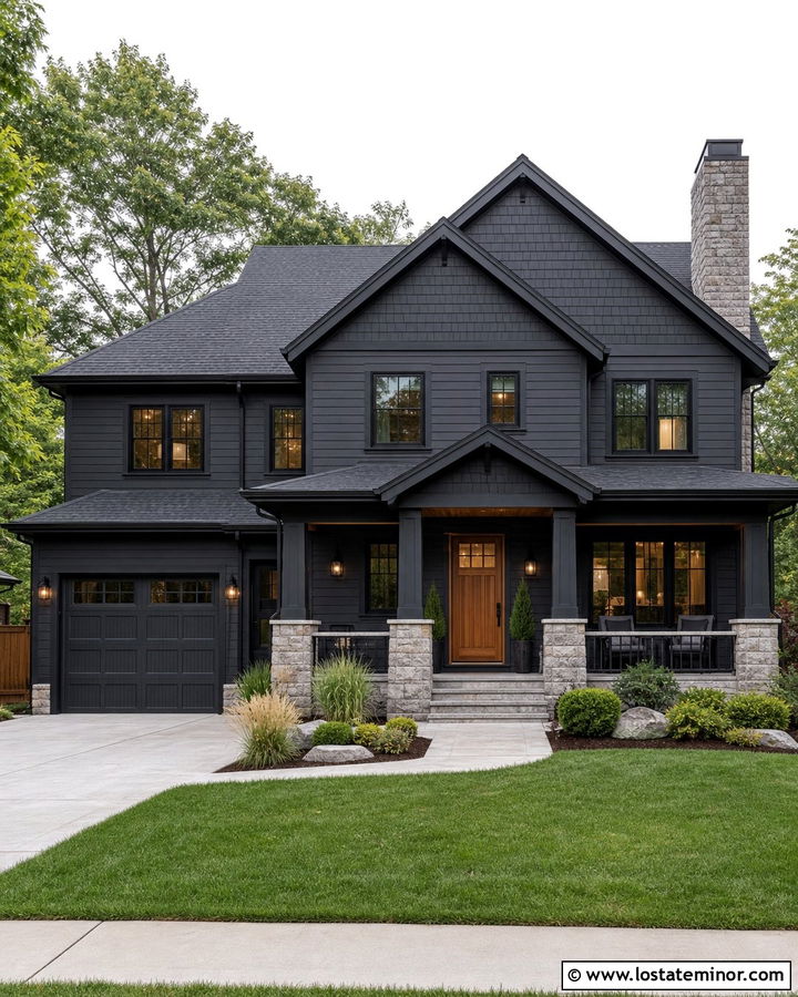 Black House With Gray Stone And Shingles - 30 Black House Design With Shingles Ideas