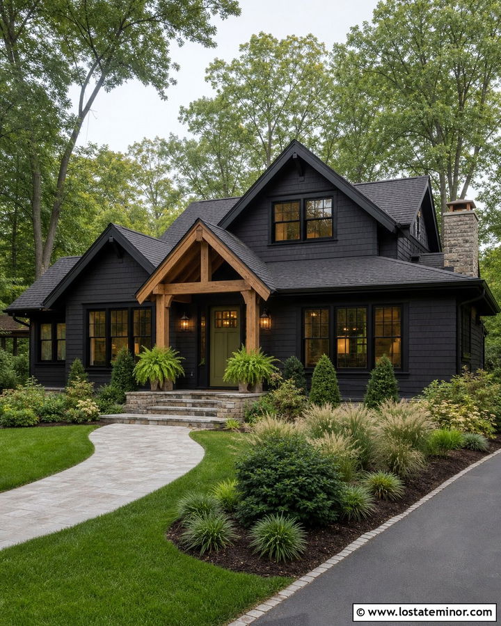 Black House With Green Door Portico - 30 Black House Design With Portico Ideas